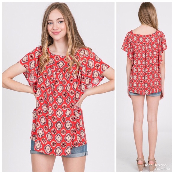 🥰LAST 2! Relaxed Soft Woven Ruffle Printed Top - Picture 3 of 8